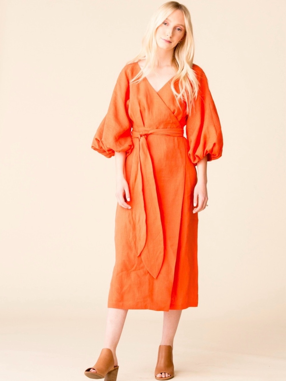 Mara Hoffman Orange Wrap Midi Dress with Balloon Sleeves